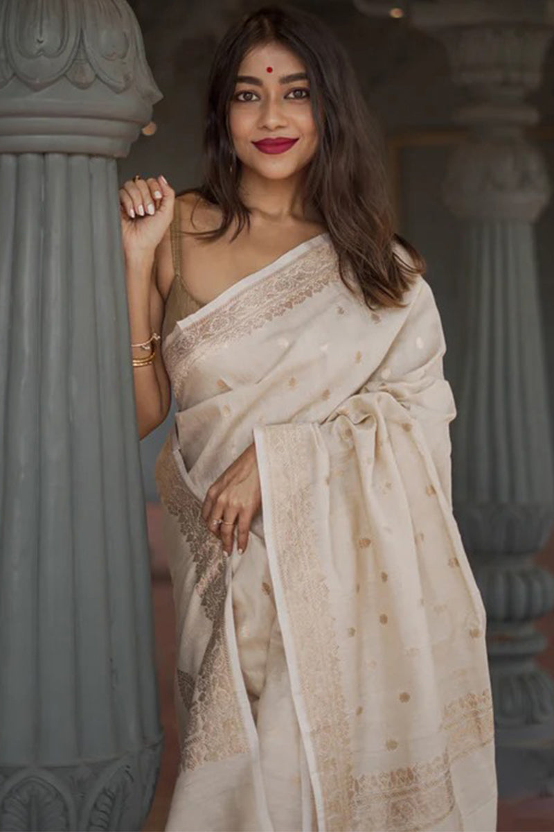 Propinquity Beige Linen Silk Saree With Delectable Blouse Piece