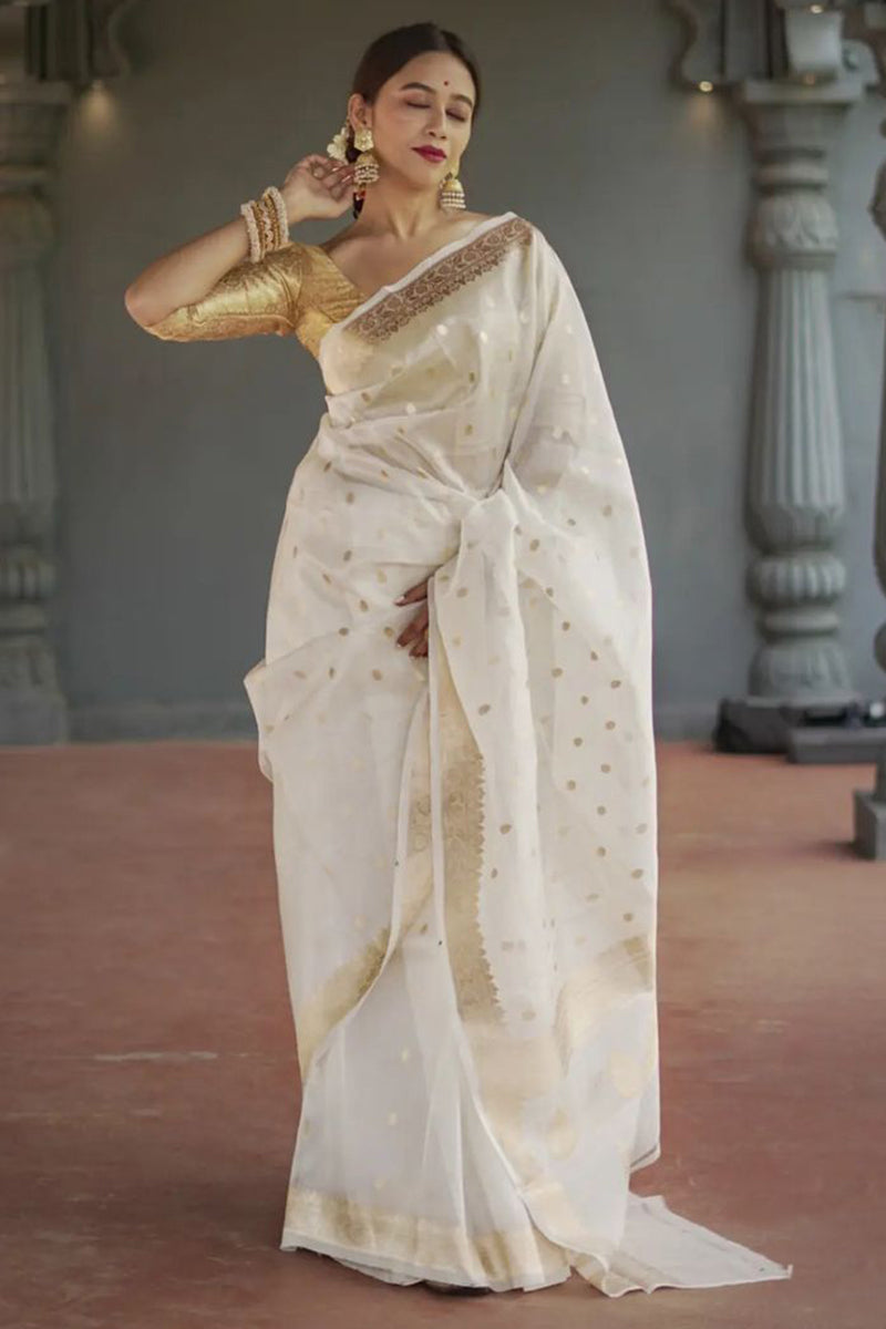 Exuberant Off White  Linen Silk Saree With Proficient Blouse Piece