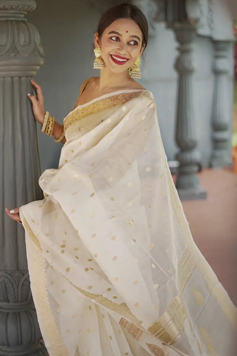 Exuberant Off White  Linen Silk Saree With Proficient Blouse Piece