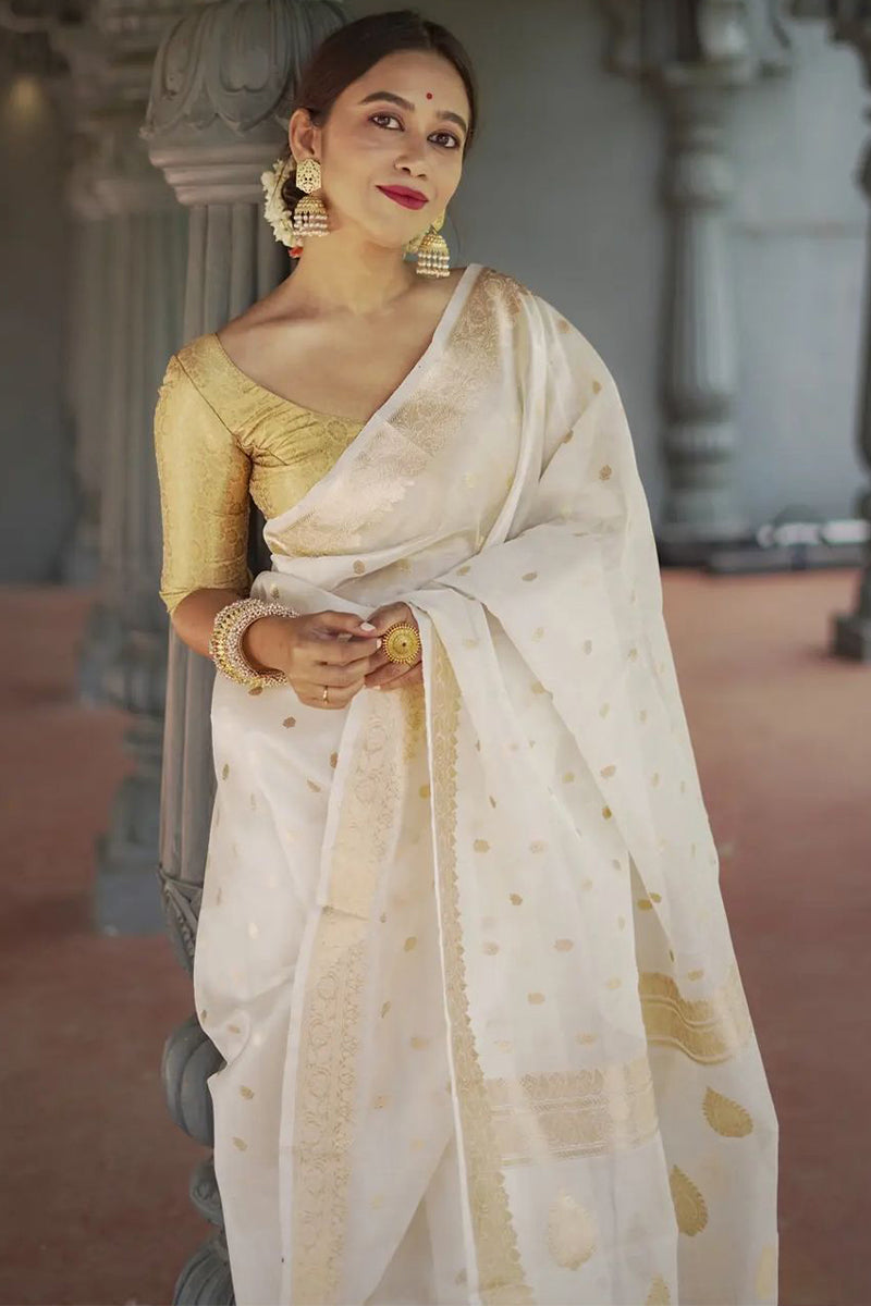 Exuberant Off White  Linen Silk Saree With Proficient Blouse Piece