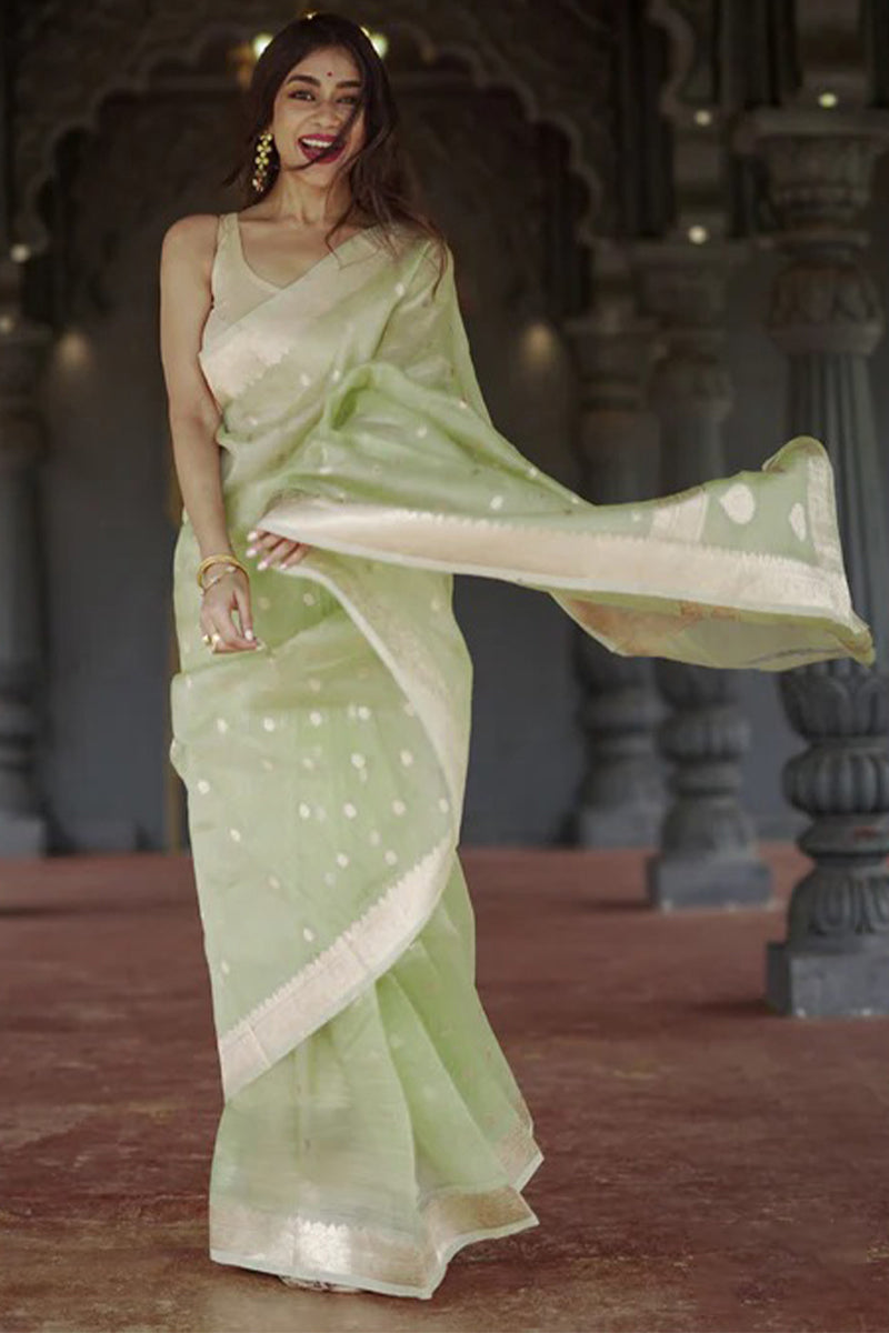 Enthralling Pista Linen Silk Saree With Aplomb Blouse Piece