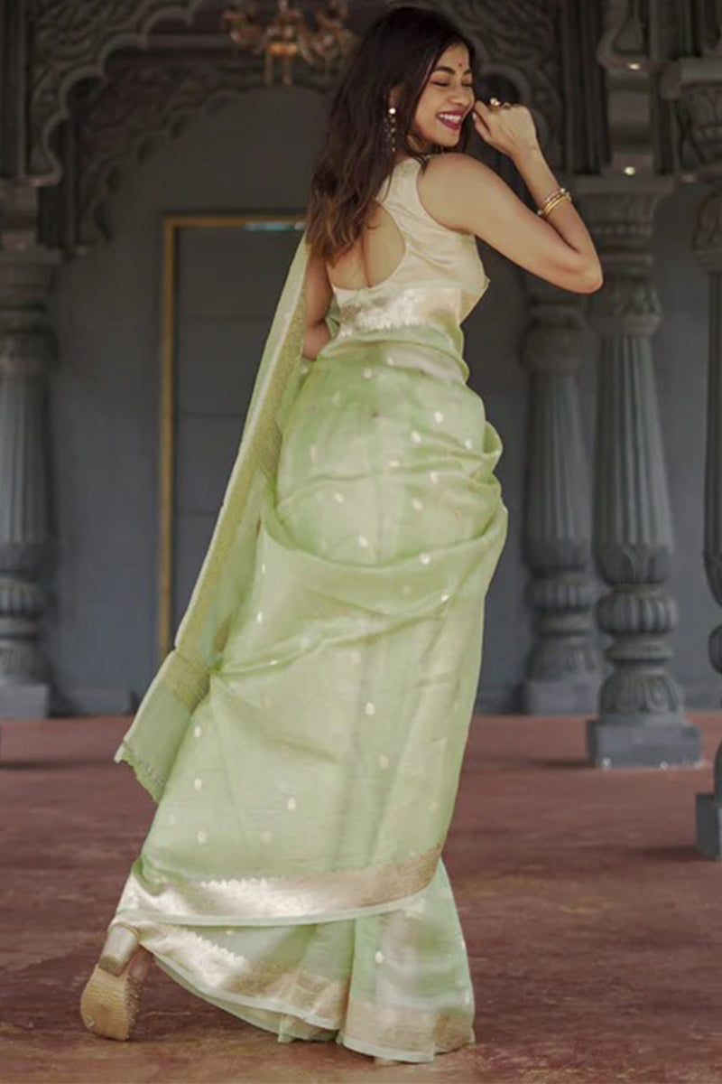 Enthralling Pista Linen Silk Saree With Aplomb Blouse Piece