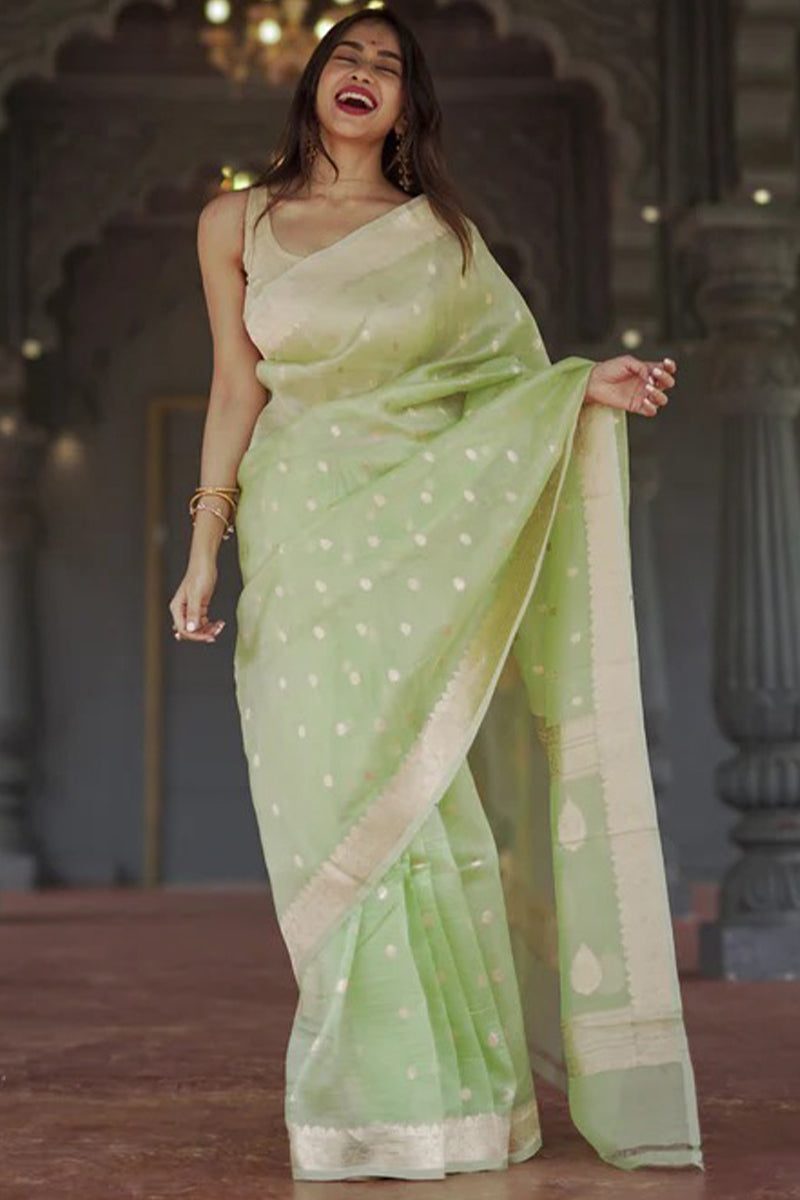 Enthralling Pista Linen Silk Saree With Aplomb Blouse Piece