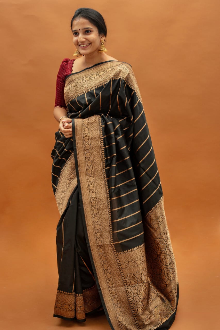 Inimitable Black Soft Silk Saree With Luminous Blouse Piece