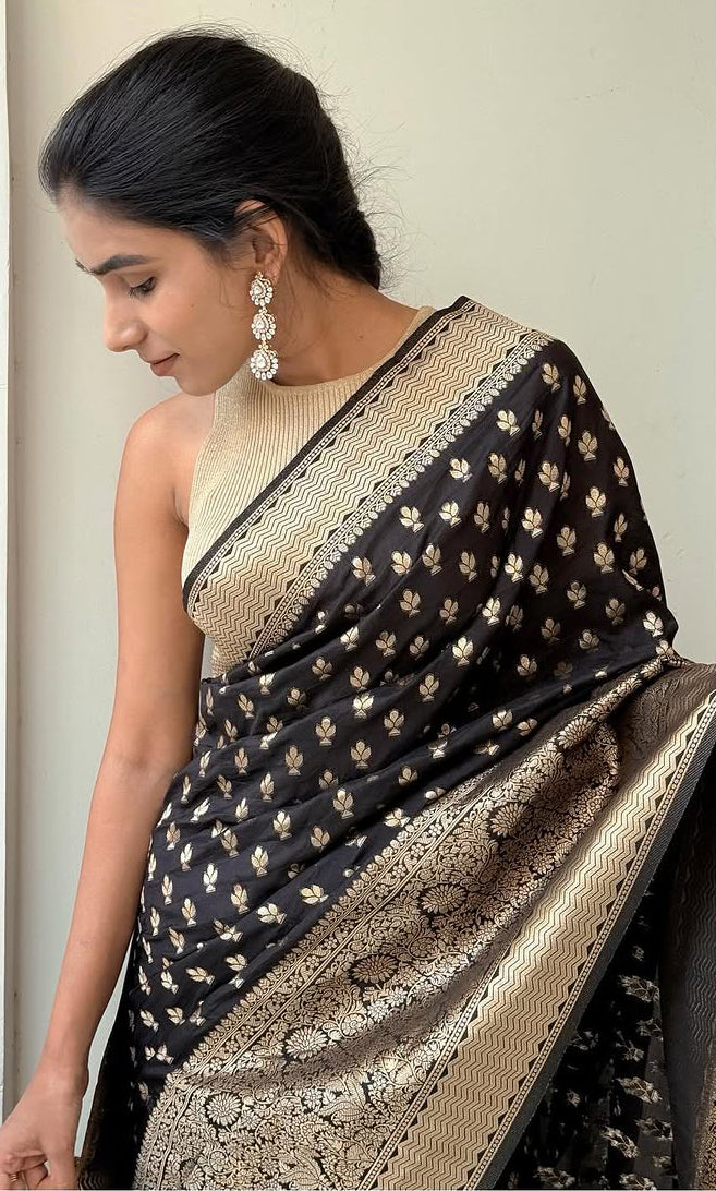 Lovely Black Soft Silk Saree With Sensational Blouse Piece