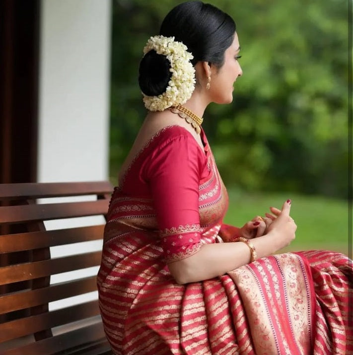 Stylish Red Soft Silk Saree With Adorning Blouse Piece