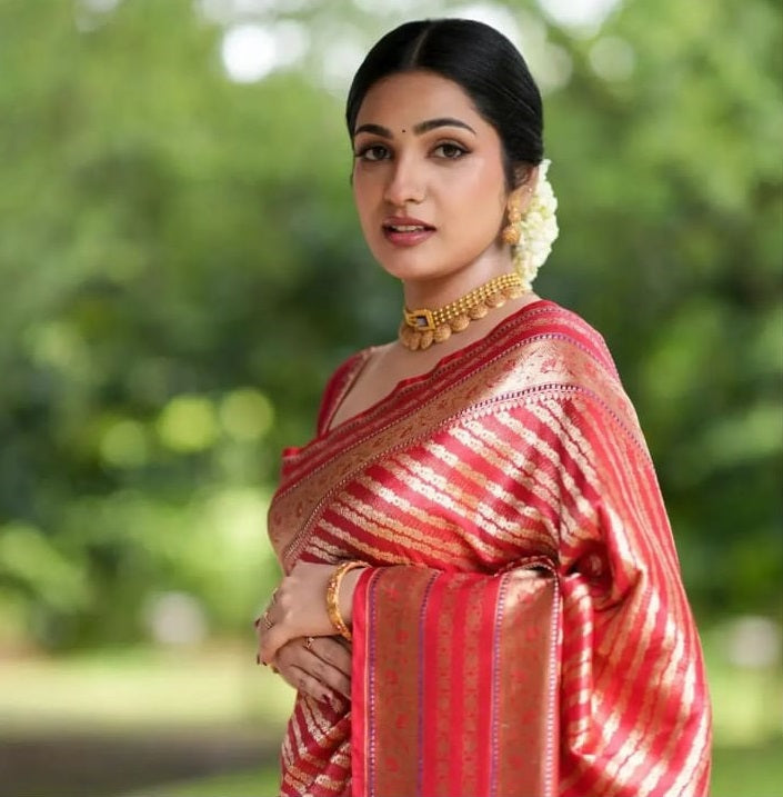 Stylish Red Soft Silk Saree With Adorning Blouse Piece