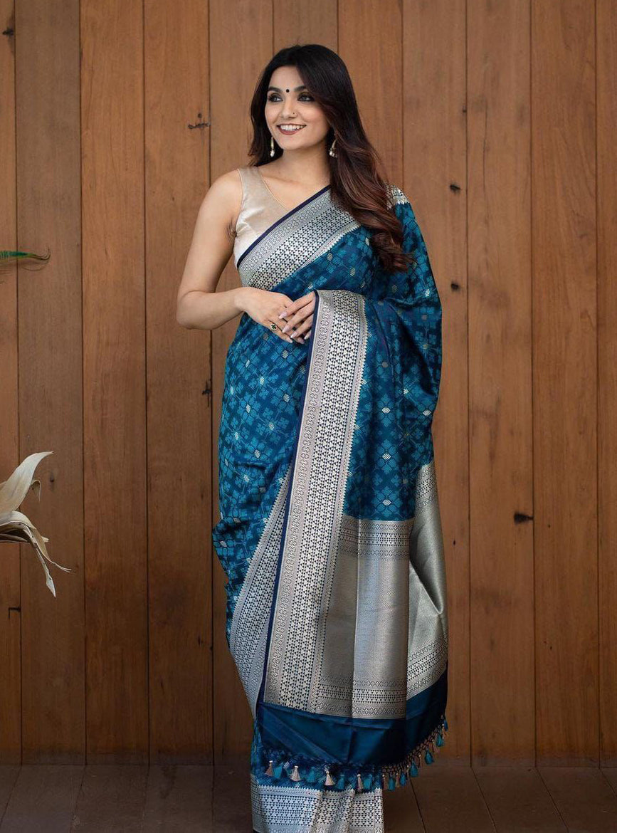 Designer Teal Blue Soft Silk Saree With Effulgent Blouse Piece