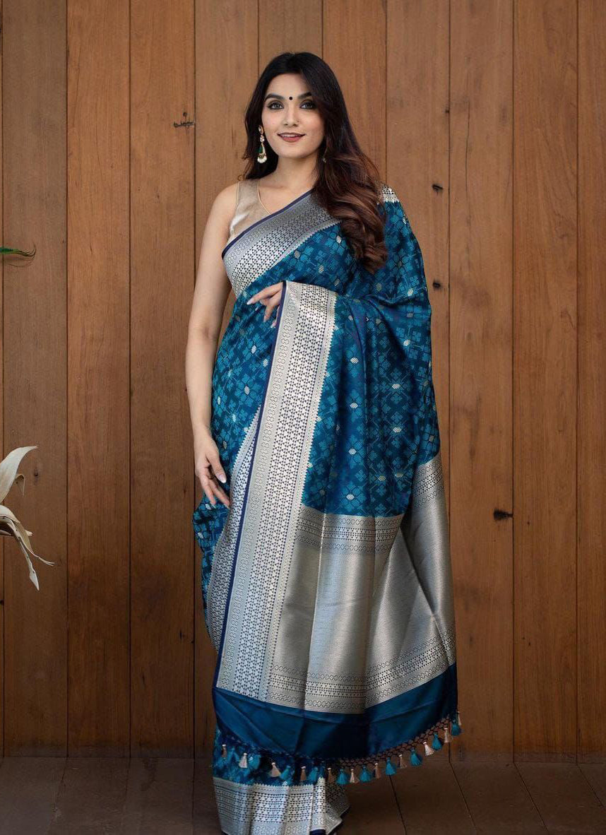 Designer Teal Blue Soft Silk Saree With Effulgent Blouse Piece