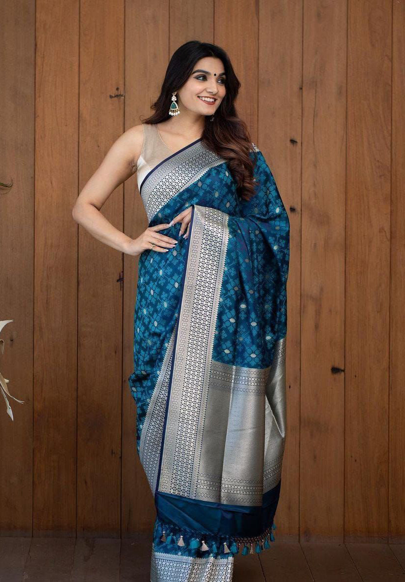 Designer Teal Blue Soft Silk Saree With Effulgent Blouse Piece