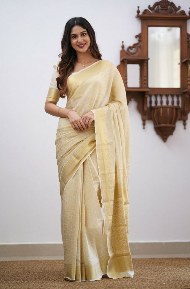 Winsome Beige Soft Silk Saree With Desultory Blouse Piece