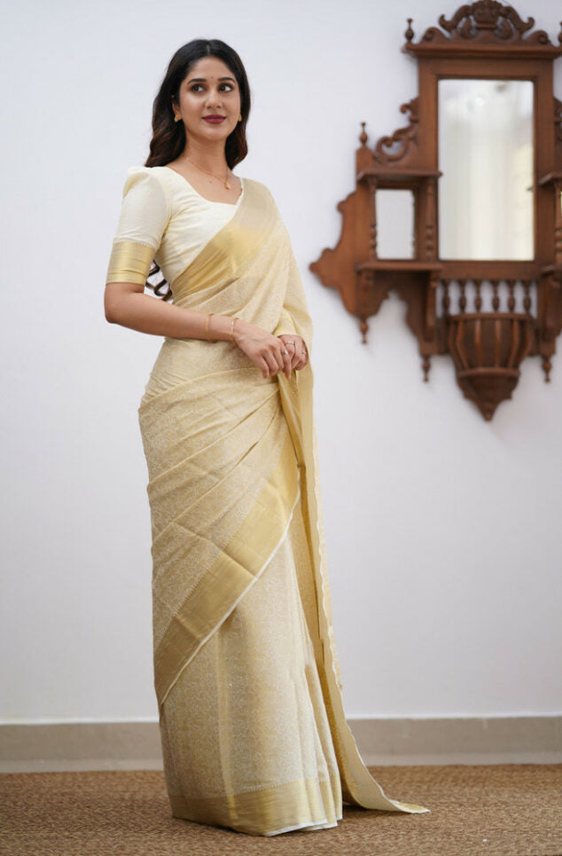 Winsome Beige Soft Silk Saree With Desultory Blouse Piece