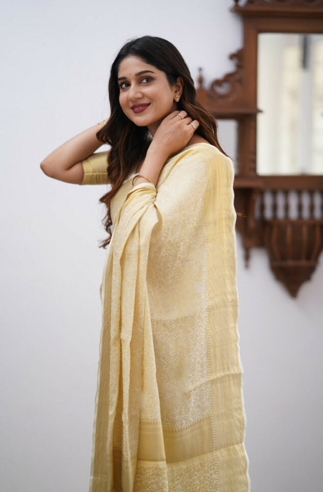 Winsome Beige Soft Silk Saree With Desultory Blouse Piece