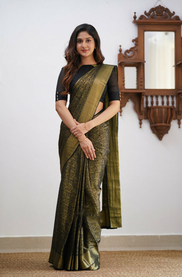 Tremendous Black Soft Silk Saree With Profuse Blouse Piece