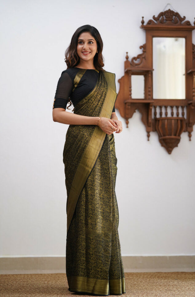 Tremendous Black Soft Silk Saree With Profuse Blouse Piece