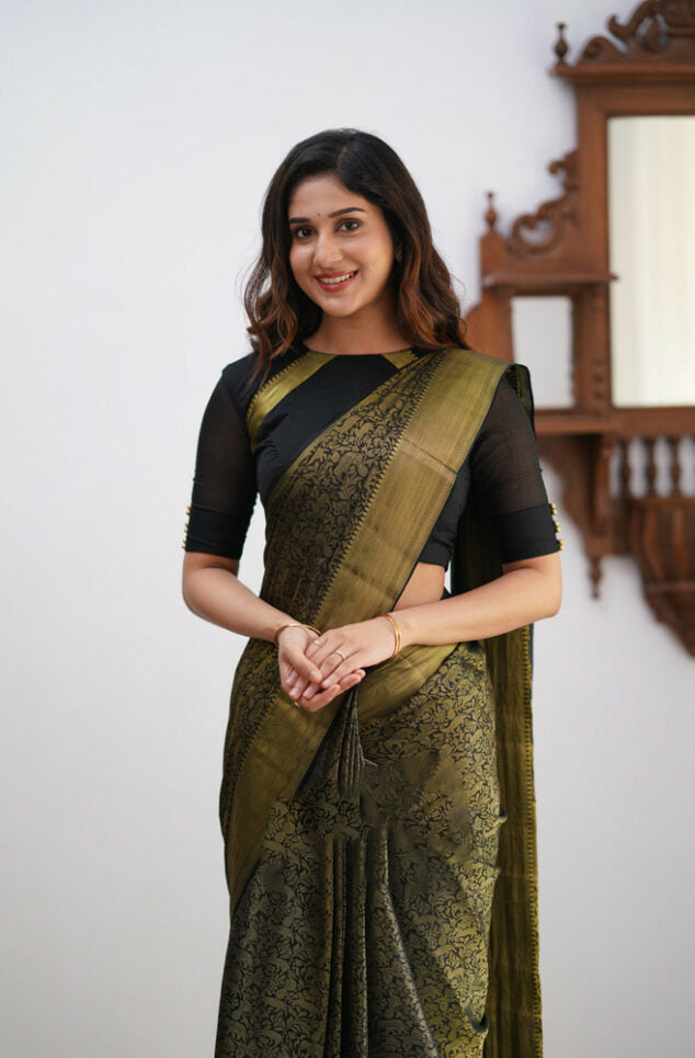 Tremendous Black Soft Silk Saree With Profuse Blouse Piece