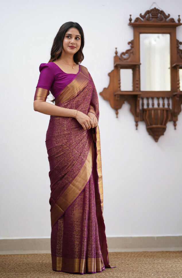 Proficient Purple Soft Silk Saree With Effulgent Blouse Piece