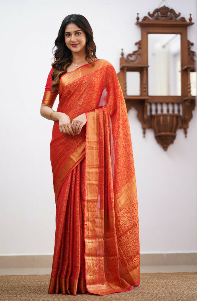 Pleasant Red Soft Silk Saree With Engrossing Blouse Piece