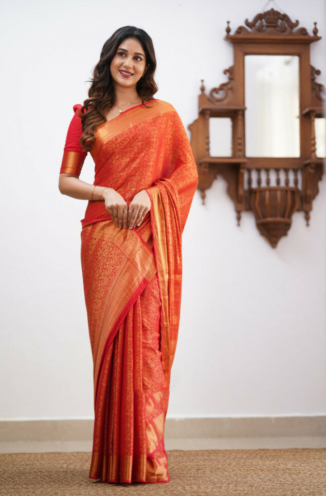 Pleasant Red Soft Silk Saree With Engrossing Blouse Piece