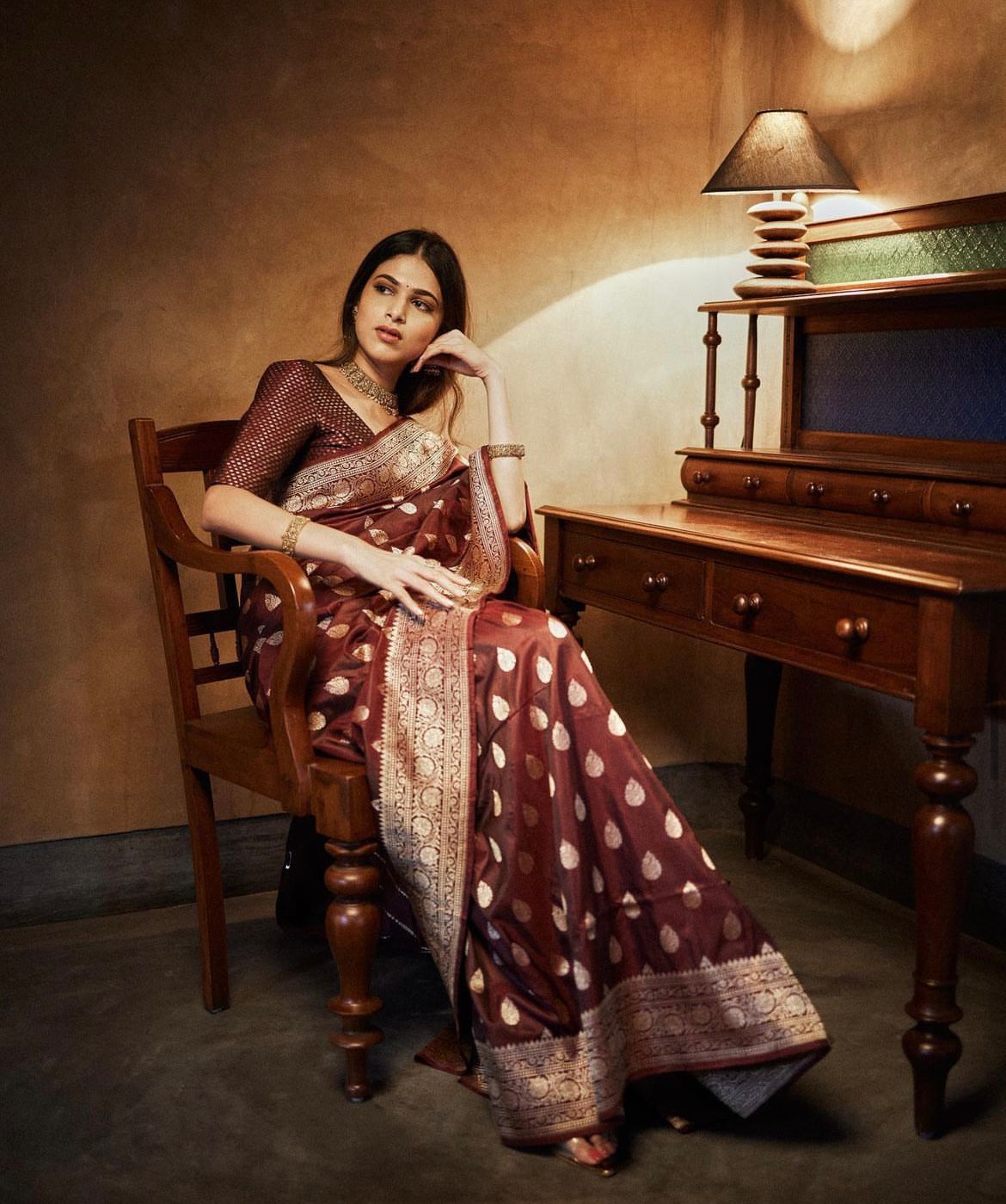 Luxuriant Brown Soft Silk Saree With Desiring Blouse Piece