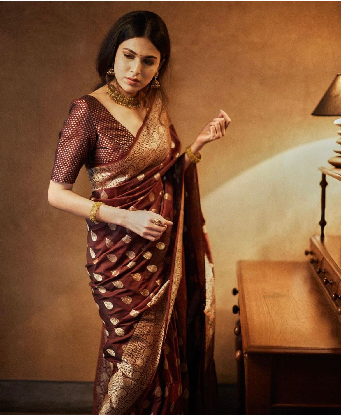 Luxuriant Brown Soft Silk Saree With Desiring Blouse Piece