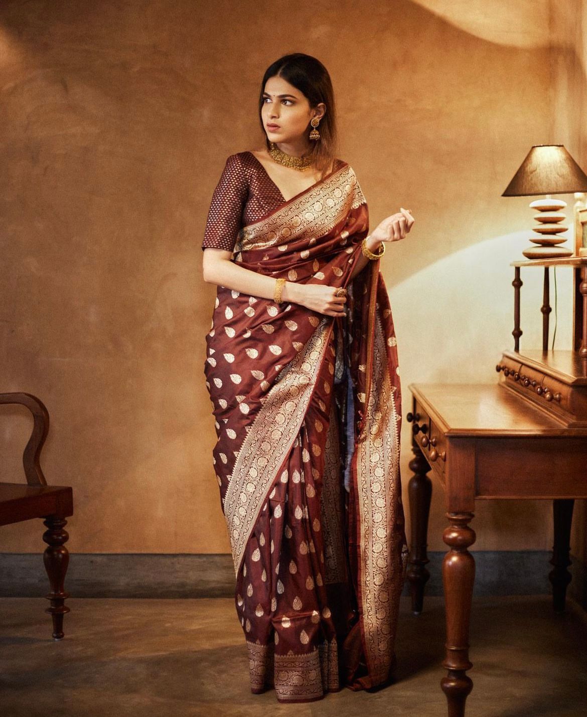 Luxuriant Brown Soft Silk Saree With Desiring Blouse Piece