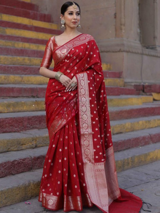 Resonant Red Soft Silk Saree With Assemblage Blouse Piece