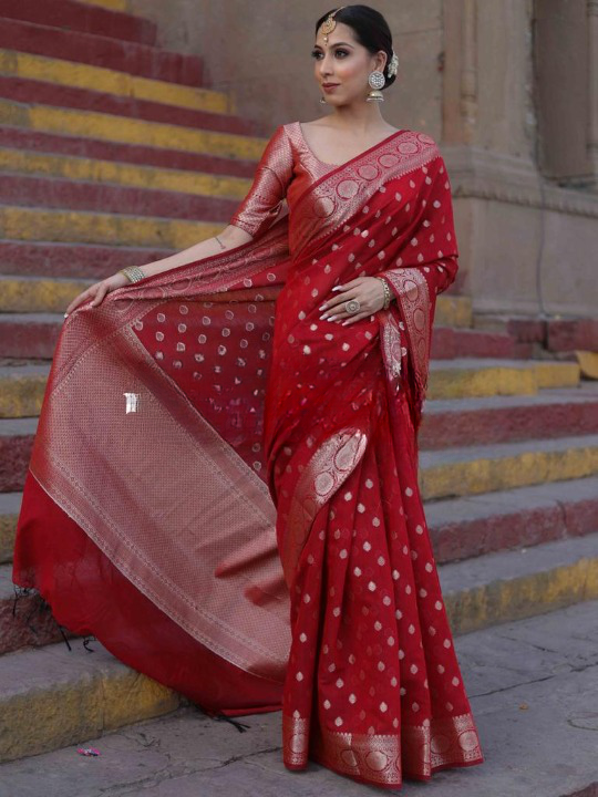 Resonant Red Soft Silk Saree With Assemblage Blouse Piece