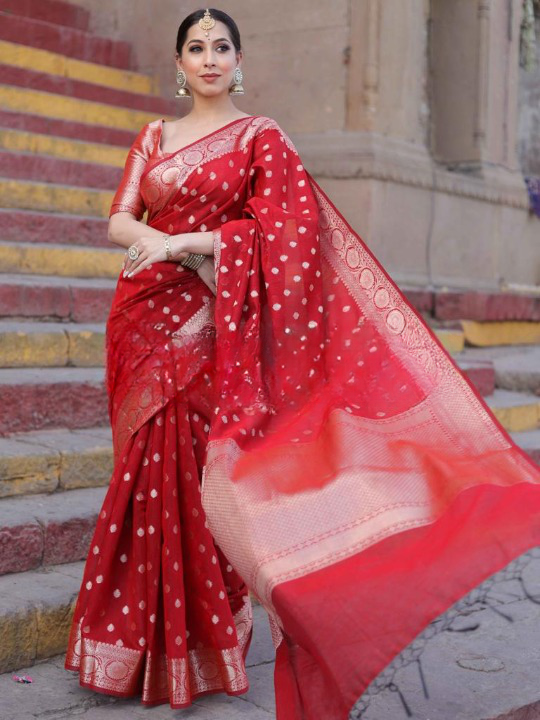 Resonant Red Soft Silk Saree With Assemblage Blouse Piece