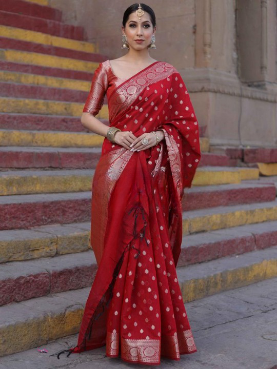 Resonant Red Soft Silk Saree With Assemblage Blouse Piece