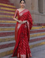 Resonant Red Soft Silk Saree With Assemblage Blouse Piece