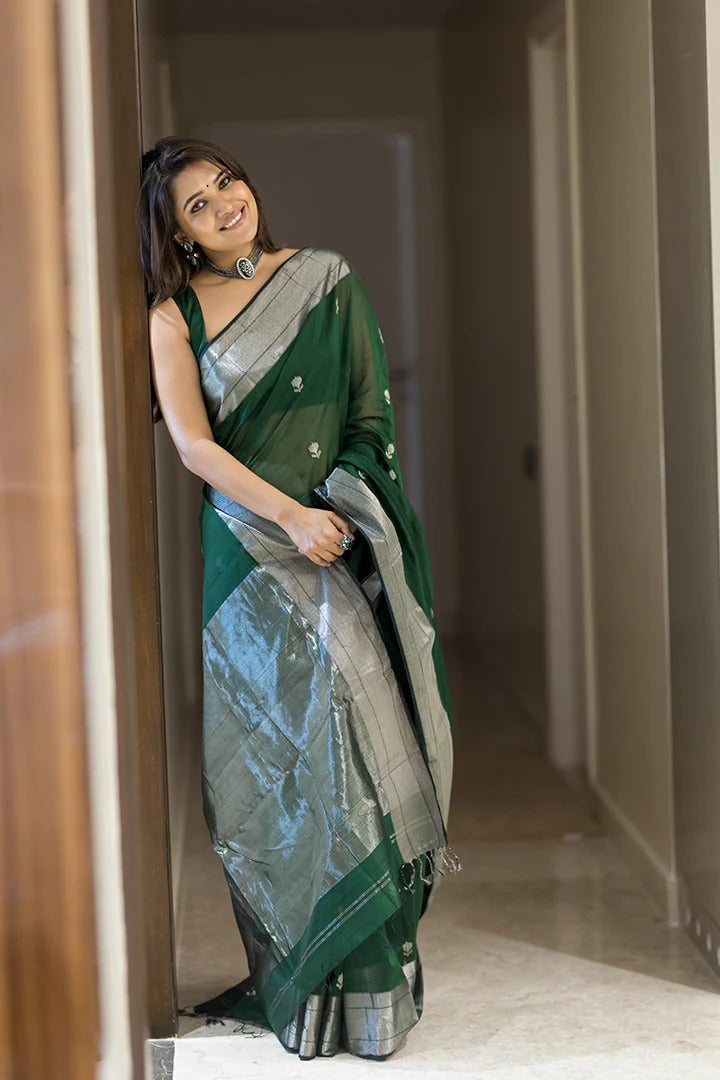 Embrocation Green Cotton Silk Saree With Opulent Blouse Piece