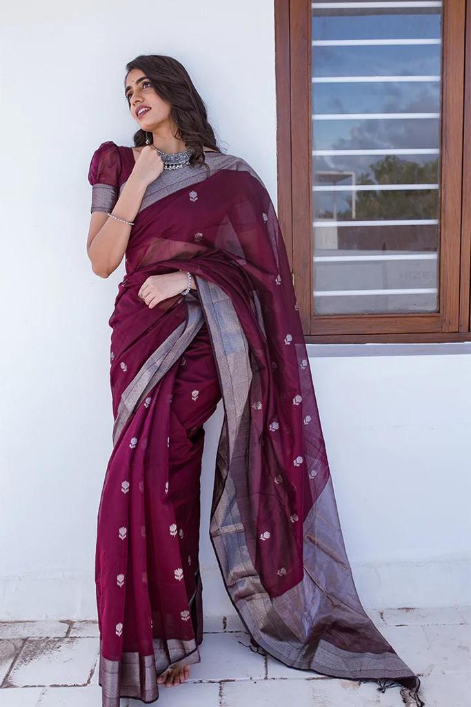 Flattering Wine Cotton Silk Saree With Chatoyant Blouse Piece