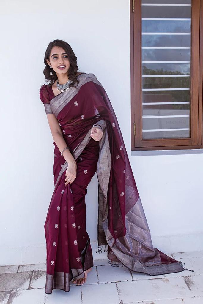 Flattering Wine Cotton Silk Saree With Chatoyant Blouse Piece