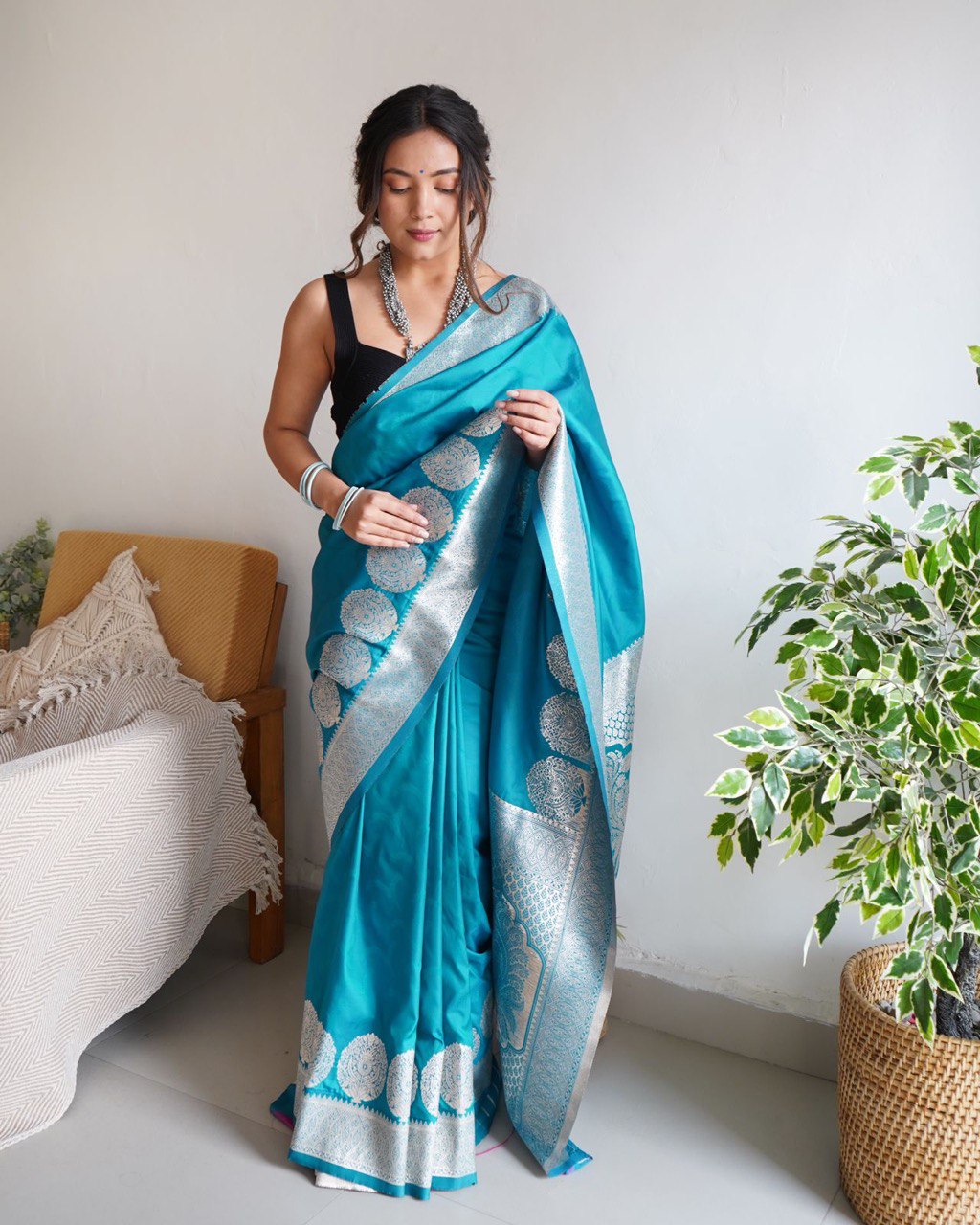 Artistic Firozi Soft Silk Saree With Dazzling Blouse Piece