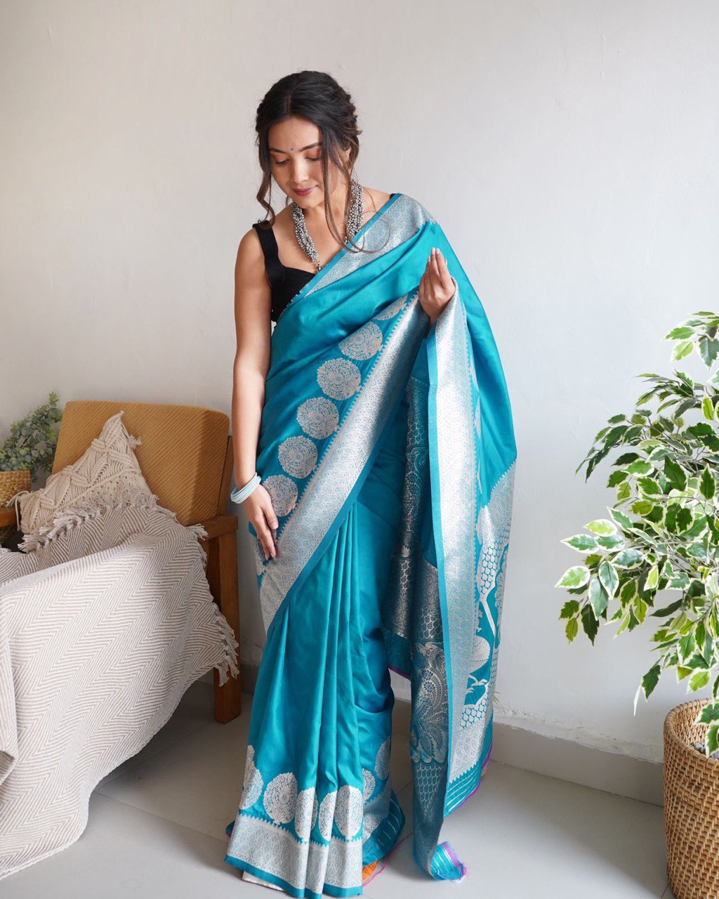 Artistic Firozi Soft Silk Saree With Dazzling Blouse Piece