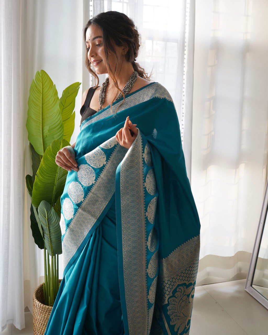 Artistic Firozi Soft Silk Saree With Dazzling Blouse Piece