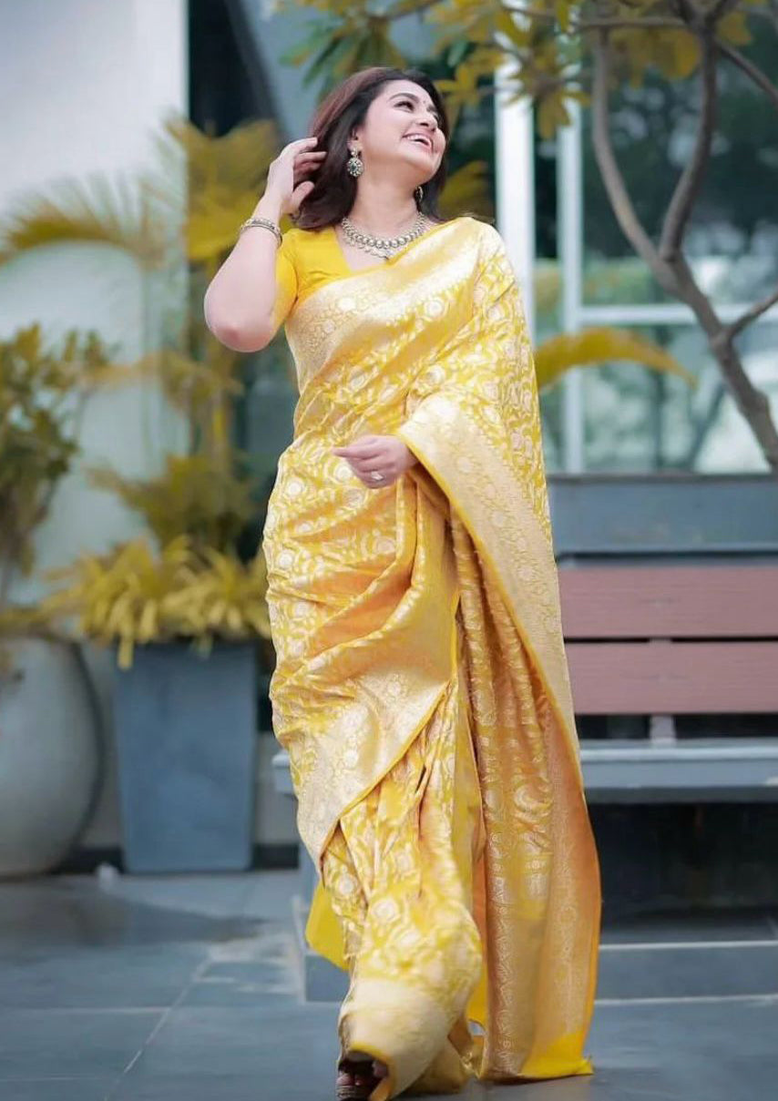 Serendipity Yellow Soft Silk Saree With Diaphanous Blouse Piece