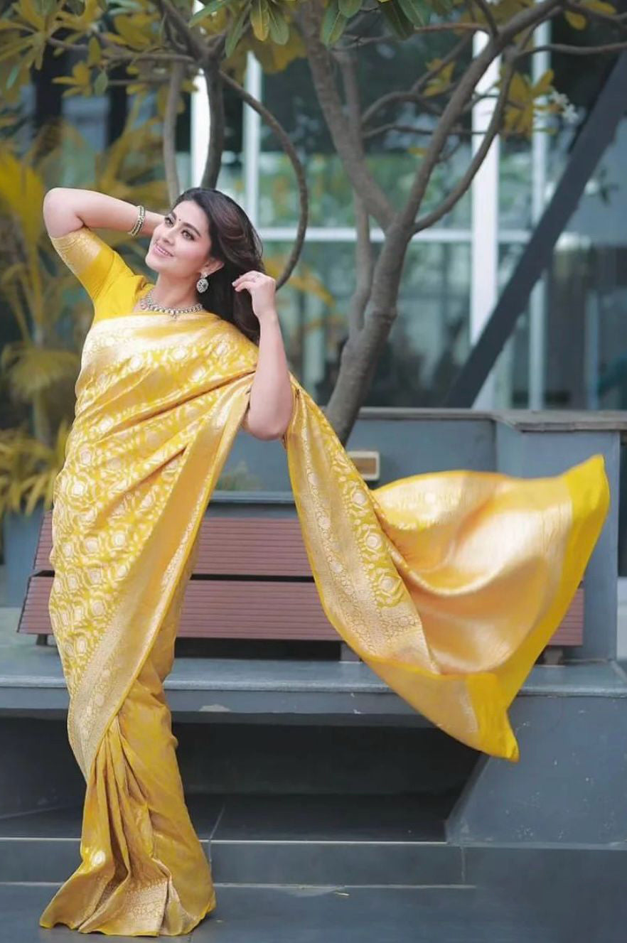 Serendipity Yellow Soft Silk Saree With Diaphanous Blouse Piece