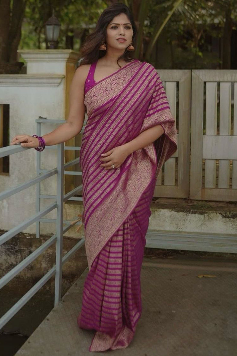 Diaphanous Magenta Soft Silk Saree With Blooming Blouse Piece