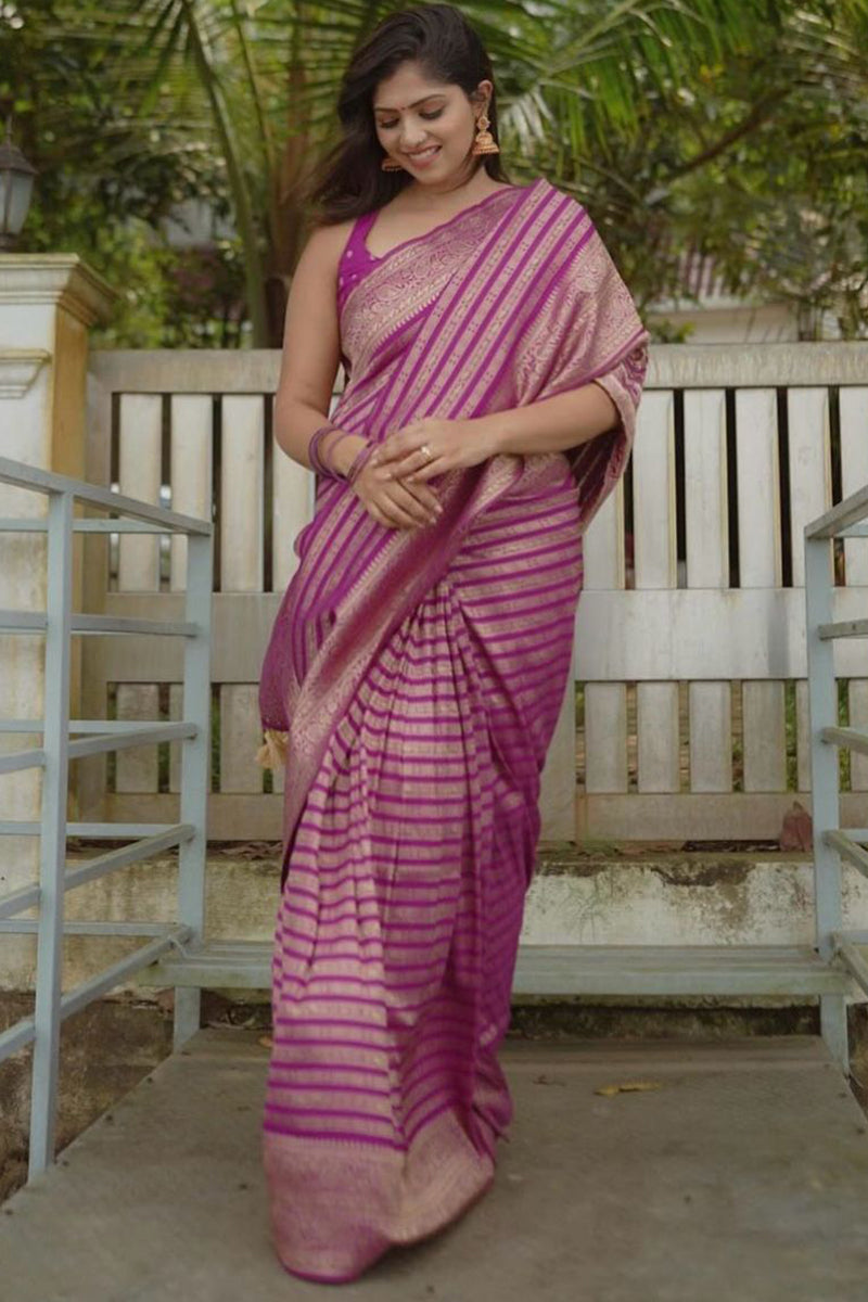 Diaphanous Magenta Soft Silk Saree With Blooming Blouse Piece