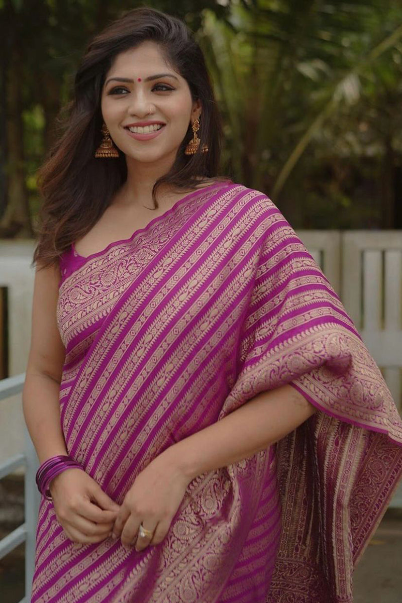 Diaphanous Magenta Soft Silk Saree With Blooming Blouse Piece