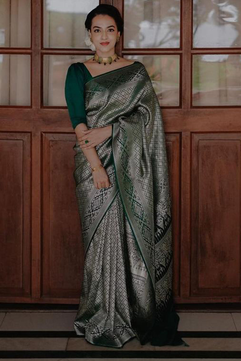 Verdant Green Soft Silk Saree With Radiant Blouse Piece