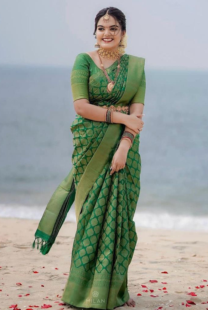 Precious Green Soft Silk Saree With Elision Blouse Piece