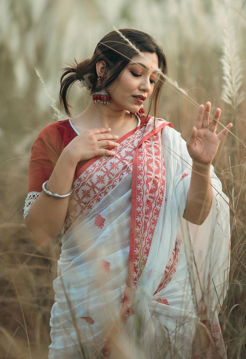 Demesne White Cotton Silk Saree With Zephyr Blouse Piece