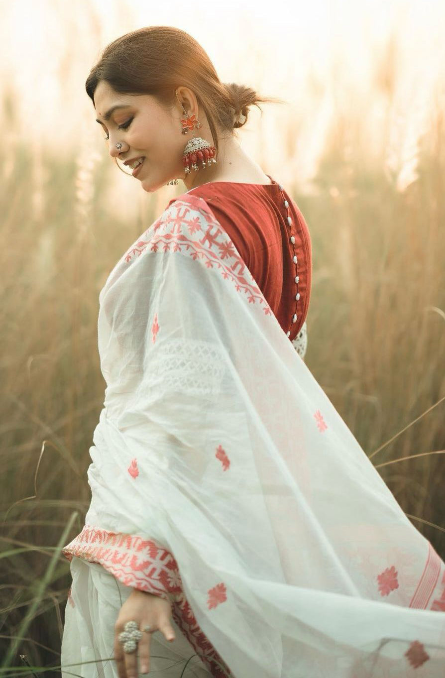 Demesne White Cotton Silk Saree With Zephyr Blouse Piece