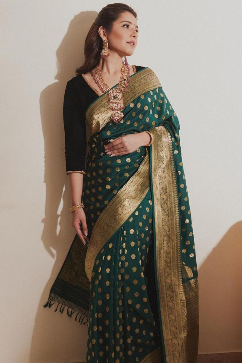 Fancifull Dark Green Soft Silk Saree With Angelic Blouse Piece