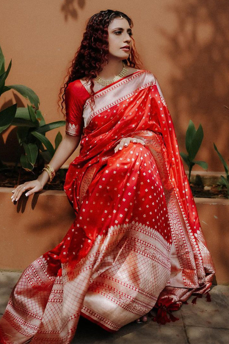 Panoply Red Soft Silk Saree With Girlish Blouse Piece