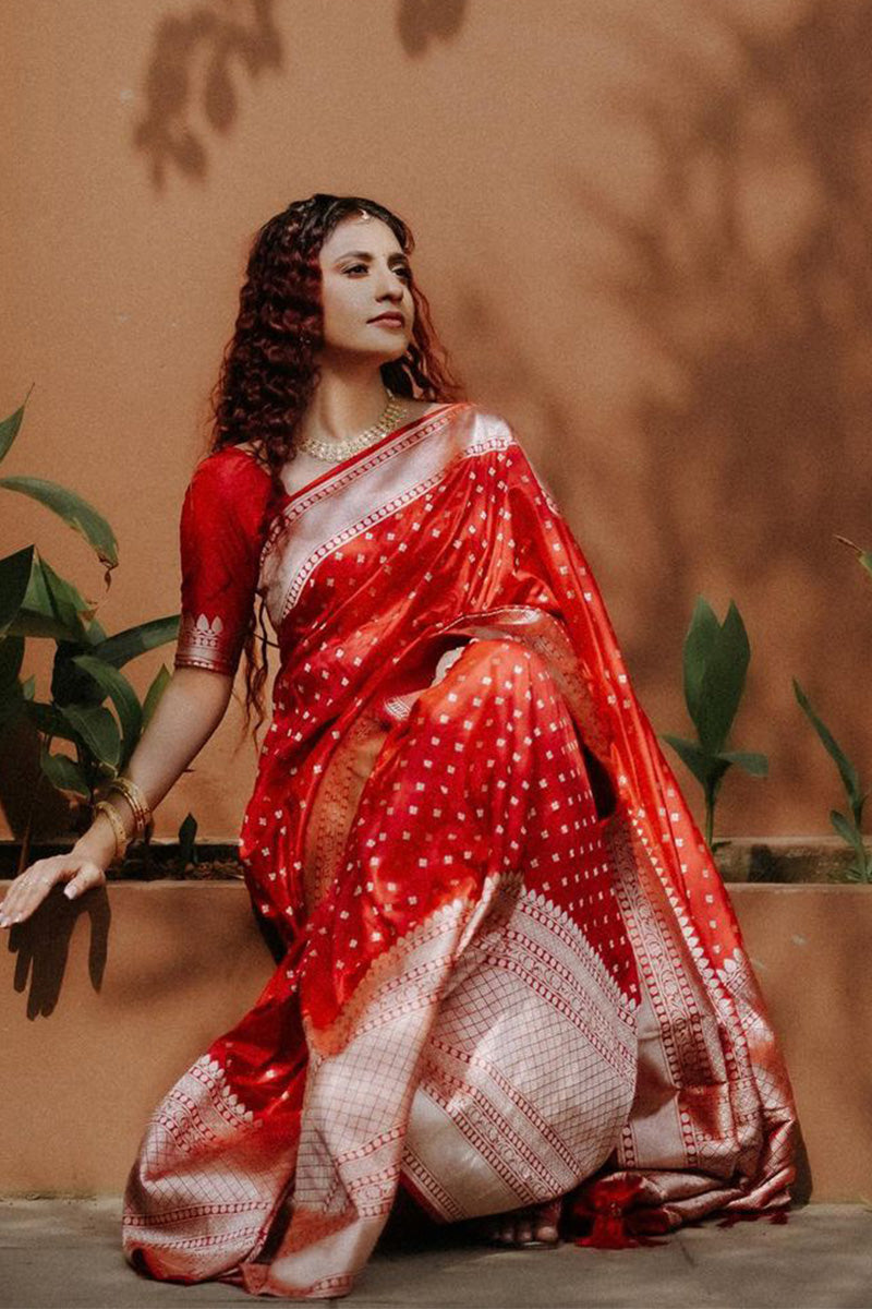 Panoply Red Soft Silk Saree With Girlish Blouse Piece