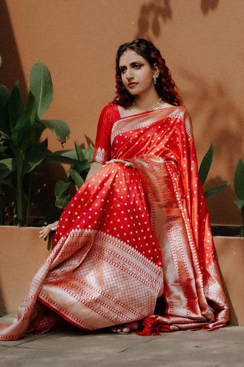 Panoply Red Soft Silk Saree With Girlish Blouse Piece